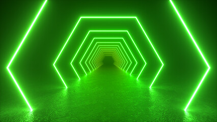 Wall Mural - a digital rendering of a tunnel created from glowing green neon lights shaped into hexagons.
