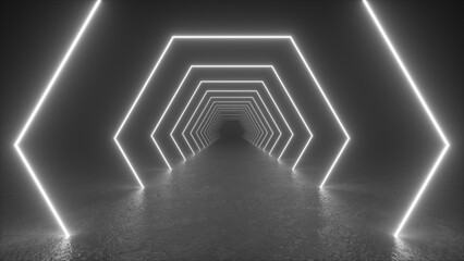 Wall Mural - a long, narrow hallway lined with white neon hexagons. the hexagons create a tunnel effect and the f