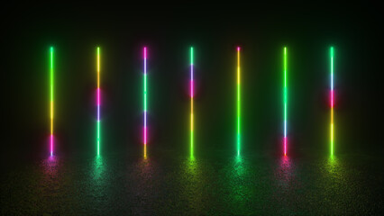 Wall Mural - a series of neon glow shapes illuminate a dark space with vibrant colors. the shapes are long and ve