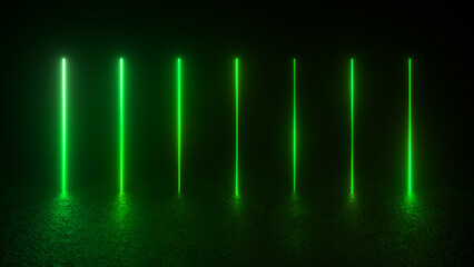 Wall Mural - a series of thin green neon lights shine down onto a dark surface, casting long shadows.