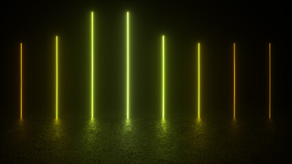 Wall Mural - vertical neon beams of light illuminate a dark room. the glow casts shadows on the textured floor.