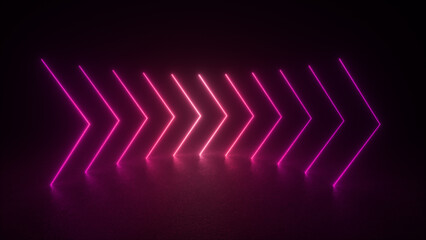 Wall Mural - a series of pink neon arrows pointing to the right, glowing brightly in a dark room.