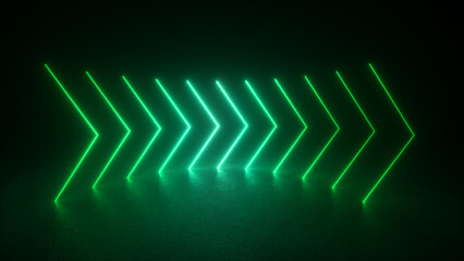Wall Mural - a row of green neon arrows illuminate a dark room, their glow reflecting on the smooth floor.