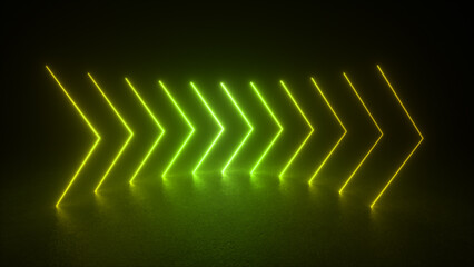 Wall Mural - green neon arrow shapes glow in a dark room.