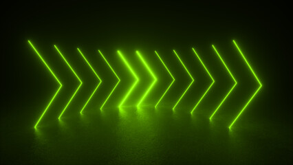 Wall Mural - a series of green neon arrows point to the right, glowing brightly against a dark background.