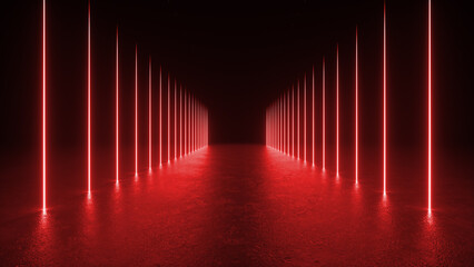 a dark corridor with red neon lights shining on the floor, creating a glowing path.