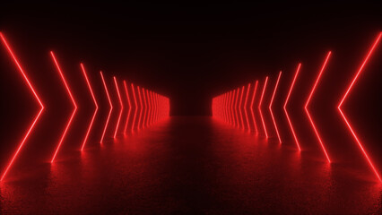 Wall Mural - red neon arrows create a glowing path in a dark space.