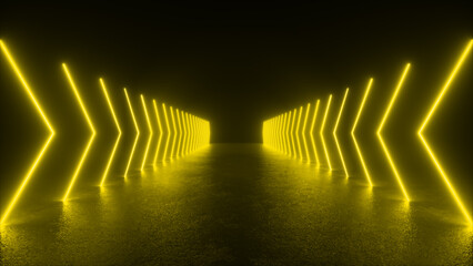 Wall Mural - a long tunnel made of yellow neon arrows. the arrows glow brightly, casting reflections on the wet f