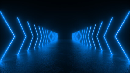 Wall Mural - a dark, empty space is illuminated by a long line of blue neon lights forming arrows pointing forwar