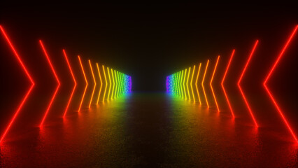 Wall Mural - a long, dark corridor illuminated by bright neon lines forming rainbow colored arrows.