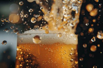 Wall Mural - Closeup image of a beer glass with dynamic pour, bubbles, and splash against a dark, blurred background