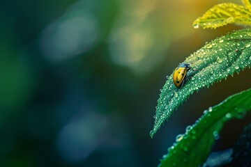 Sticker - Single ladybug navigates a leaf covered in morning dew drops