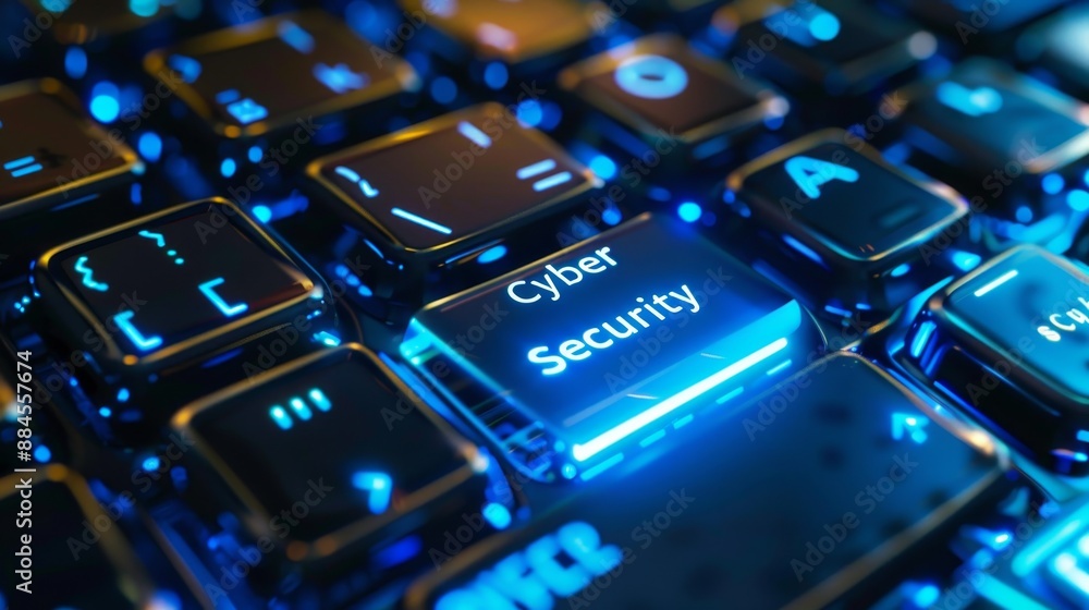 cyber security concept illustration, keyboard button with glow light ...