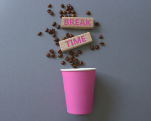 Break Time symbol. Concept word Break Time on wooden blocks. Beautiful grey background with coffee cup. Business and Break Time concept. Copy space