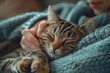 © Kedsaraporn - A tabby cat sleeps peacefully in the arms of a person.  The cat's eyes are closed and its face is relaxed. The person's hand gently strokes the cat's head.
