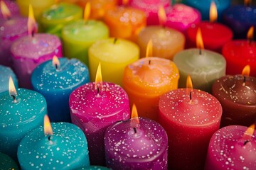 Poster - Close up of a diverse array of colorful candles with vibrant flames, creating a warm and cozy ambiance for relaxation and meditation