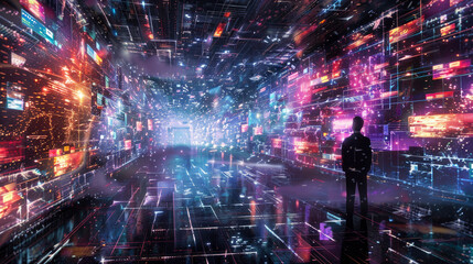 Abstract world of social media, tunnel of digital screens with news and content as background. Concept of global technology, network, ai, online, people.