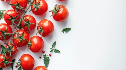 Wall Mural - Fresh tomatoes on white backdrop harvested from top view