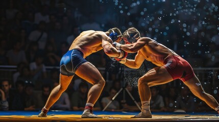 Two wrestlers in action on the mat, gripping each other intensely under dramatic lighting, embodying strength, competition, and the raw energy of the sport.