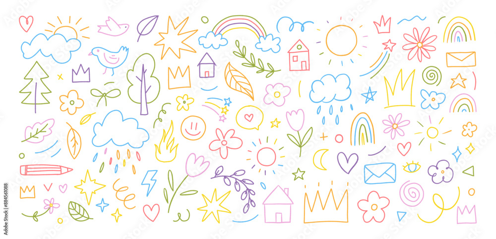 Hand drawn colored set of simple decorative childish elements. Various ...