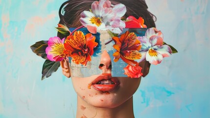 Wall Mural - Abstract contemporary art collage portrait of young woman with flowers on face hides her eyes