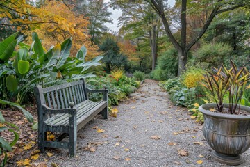 Rustic garden path with a wooden bench autumn foliage and potted plants in a peaceful setting