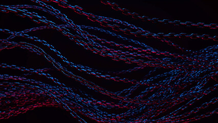 Wall Mural - numerous chains intertwine, illuminated by red and blue light against a black background.