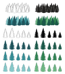 Poster - Cartoon Pine or Spruce Tree Forest Builder Clipart Asset Illustration Set - Outline, Silhouette & Color