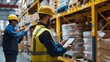 © pimmou - Two warehouse workers wearing hard hats and safety vests are using a tablet to check inventory in a large warehouse.
