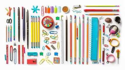 An array of various colorful stationery items such as pencils, pens, rulers, paper clips, and more organized neatly on a surface, depicting creativity, organization, and design.