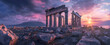 © scaliger - Panoramic view of Ancient temple ruins at dusk, remains of old Greek building on dramatic sky background. Concept of antique, Greece, landscape, travel