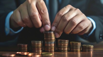 Wall Mural - Close-up of hands carefully stacking coins on a table, symbolizing financial growth, savings, and economic stability over time, set against a blurred background.