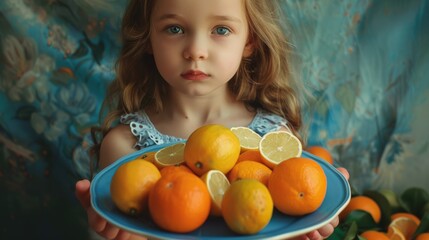 Wall Mural - A little girl holding a plate of oranges