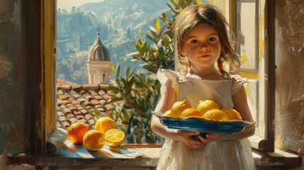 Canvas Print - A painting of a little girl holding a bowl of lemons