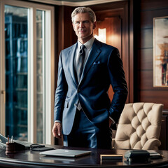 Portrait of a professional polished and confident businessman stands tall in an elegantly furnished office surrounded by a sleek and modern workspace with a large window offering city view building 