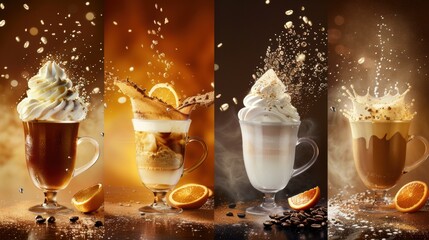 Wall Mural - Three different shots of coffee with whipped cream and orange slices