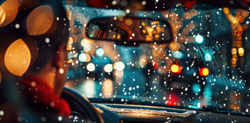 Canvas Print - A car driving in the rain on a city street