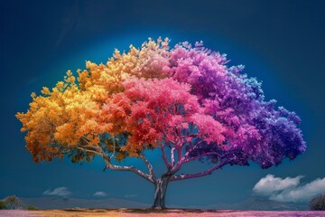 Vivid multicolored tree with a surreal look set against a clear blue sky