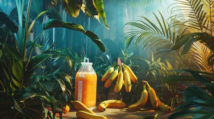 Canvas Print - A bunch of bananas sitting next to a bottle of juice