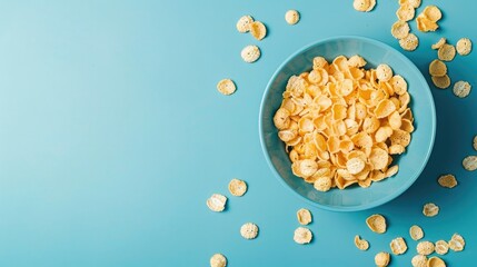 Canvas Print - Top view of cornflakes in blue bowl on blue background with copy space