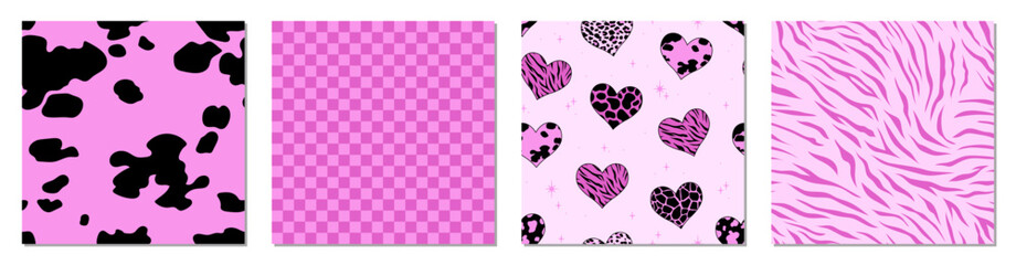 Wall Mural - Animal seamless patterns. Vector set. Retro collection. Black and pink backgrounds. Fabric, textile print.