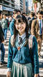 © Big - Asian young woman in school uniform, With smile, in a blurred crowd walking through a zebra crossing