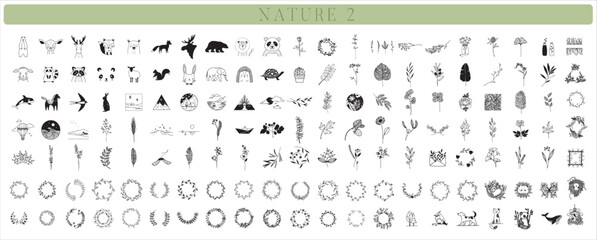 Wall Mural - 150 Handdrawn nature elements, Doodle illustrations, Animals, Botanical, Floral, Drawing, Illustration, Set, Collection