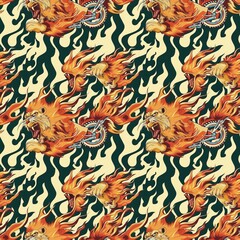 Lion with head on fire driving a motorcycle,Summer  fashionable fabric pattern, seamless, textile, background