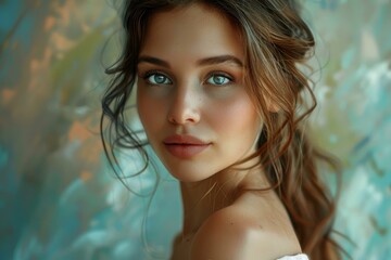 Poster - Gentle and serene beauty portrait of a young woman with feminine and attractive facial features. Showcasing her clear. Fresh and natural skin. Delicate and subtle makeup. Exuding grace and poise