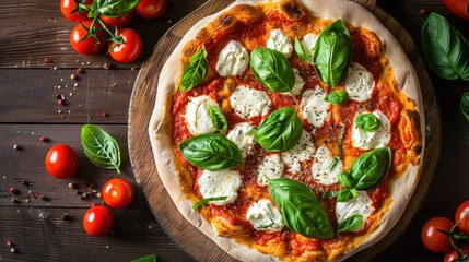 Sticker - Delicious Margherita Pizza on Wooden Background