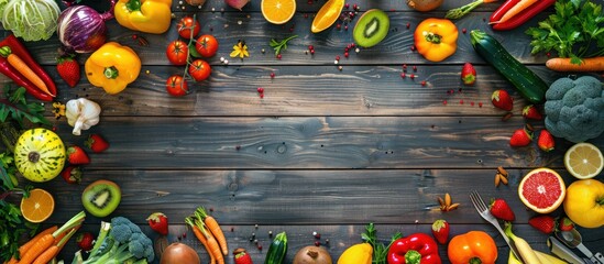 Canvas Print - Fresh Fruits and Vegetables on Wooden Background