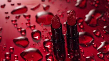 Two vibrant red lipsticks sit amidst a brilliant spray of water droplets on a crimson backdrop, creating a striking and playful scene.