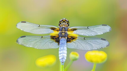 Sticker - Close up of male Broad bodied chaser dragonfly with transparent wings and light blue body resting on Schoenoplectus lacustris against green backdrop