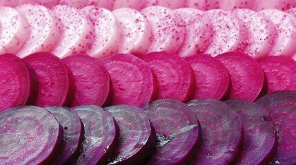 Poster -   A close-up of sliced beets arranged in rows in front of other whole beets